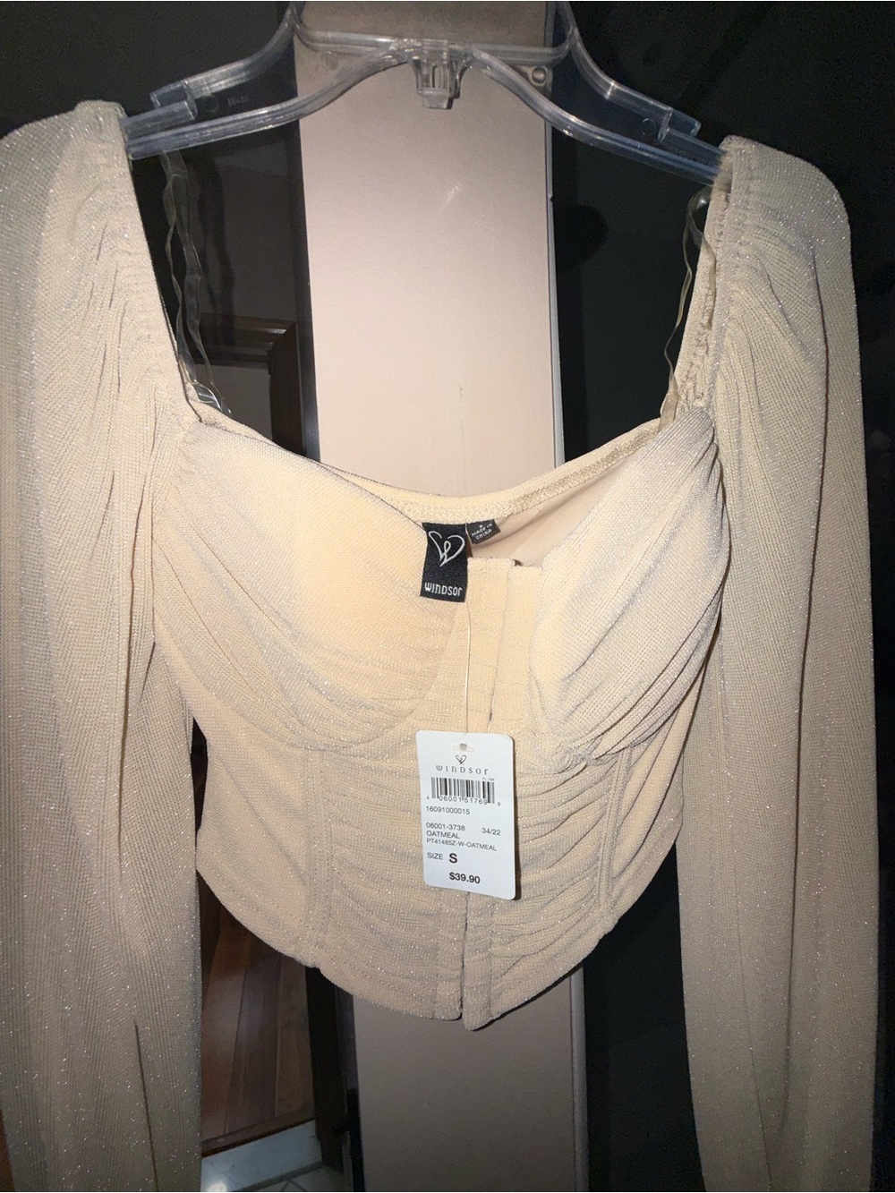 Windsor Shimmer Cream Long Sleeve Ruched Corset Crop Top